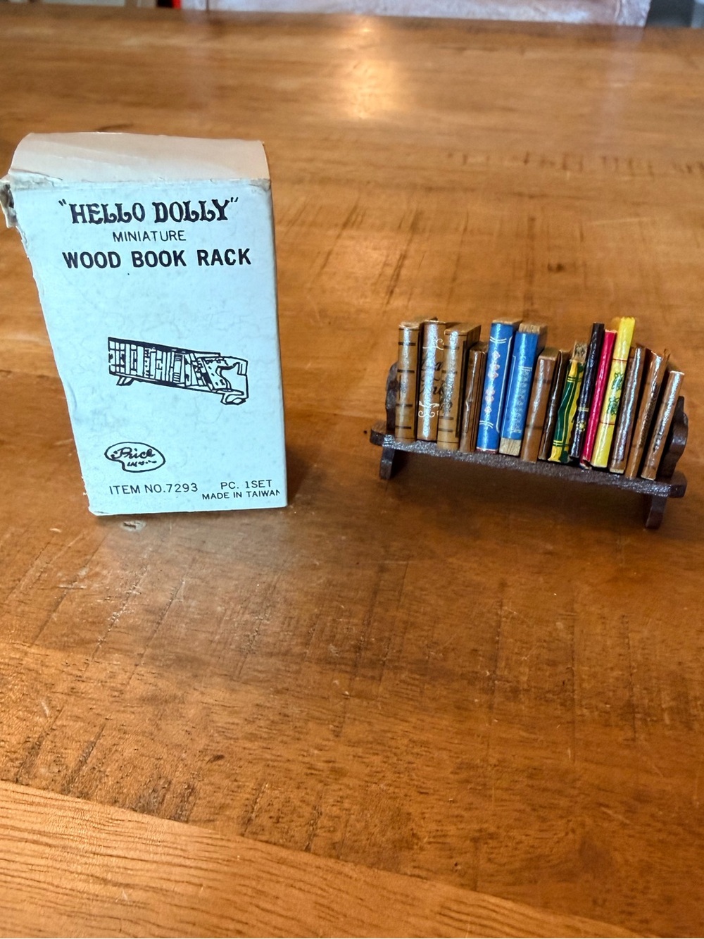 Vintage Hello Dolly miniature wood book rack in original box